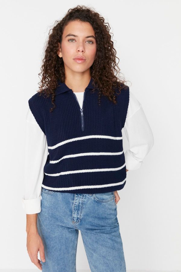 Trendyol Trendyol Navy Blue Zipper Striped Knitwear Sweater