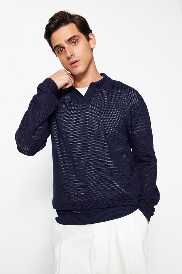 Trendyol Trendyol Navy Regular Fit Polo Neck Crochet Detail Cotton Knitwear Sweater