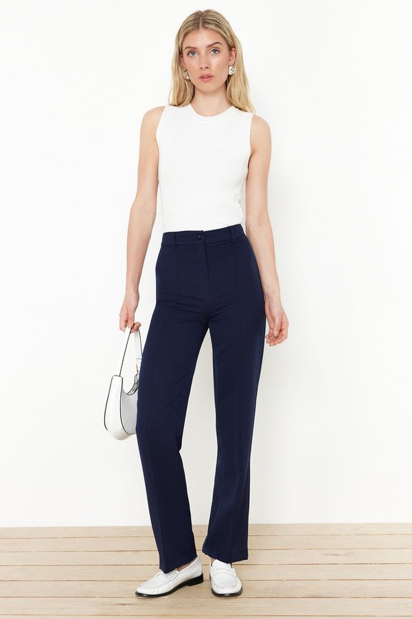 Trendyol Trendyol Navy Straight/Straight Fit High Waist Ribbed Stitched Woven Trousers