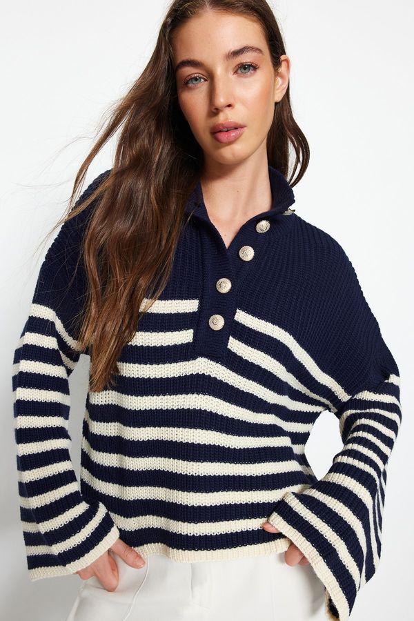 Trendyol Trendyol Navy Wide Fit Crew Neck Striped Knitwear Sweater