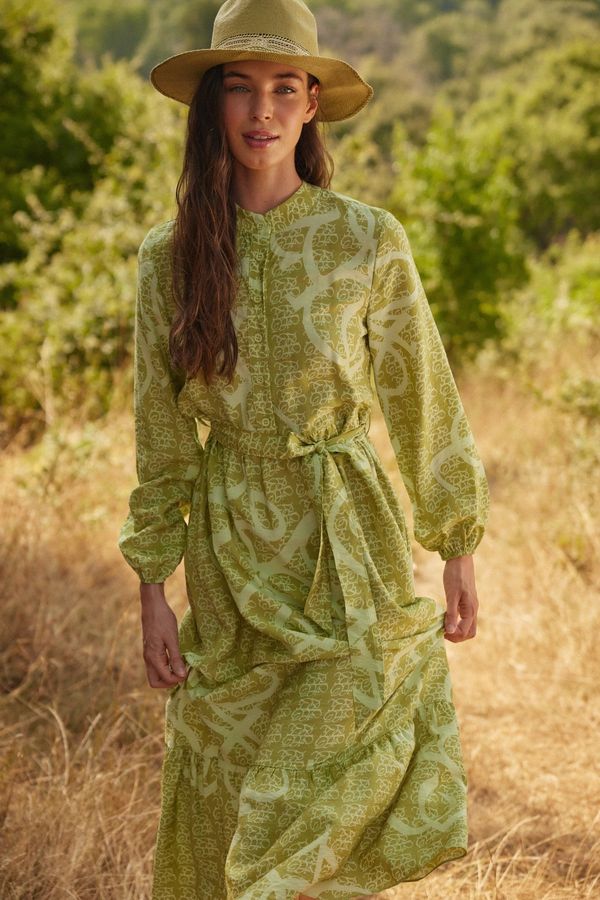 Trendyol Trendyol Oil Green Belted Half Pat Hem Flounce Woven Patterned Dress