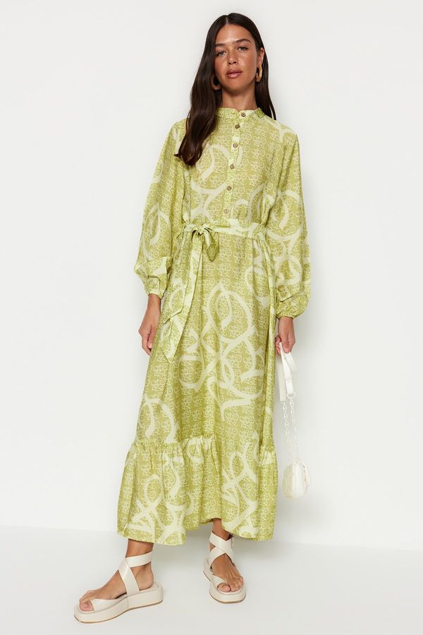 Trendyol Trendyol Oil Green Belted Half Patties with Ruffles at the Hem, Woven Patterned Dress