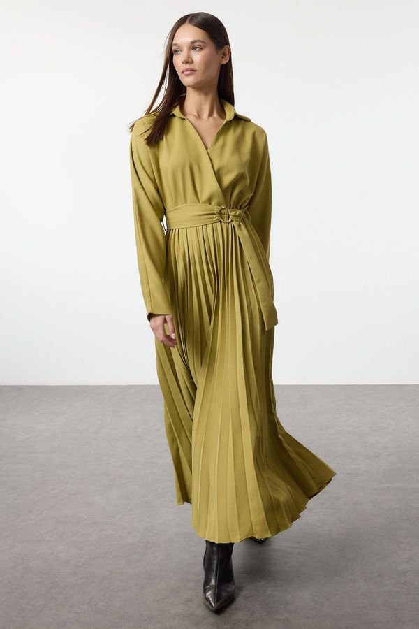 Trendyol Trendyol Oil Green Belted Pleated Skirt Double Breasted Maxi Woven Dress