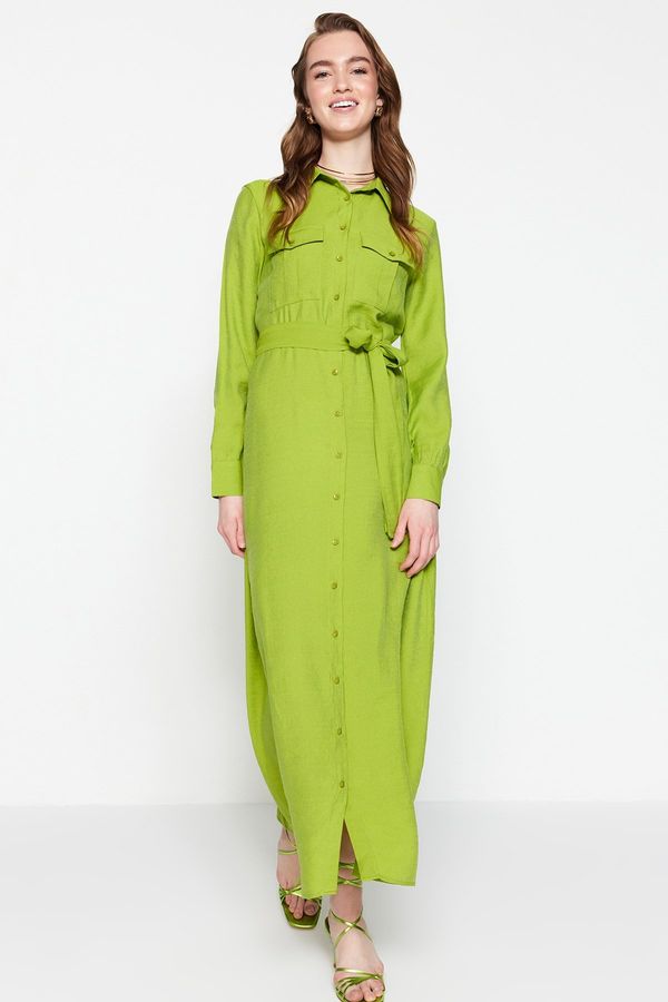 Trendyol Trendyol Oil Green Belted Pocket Detailed Woven Shirt Dress