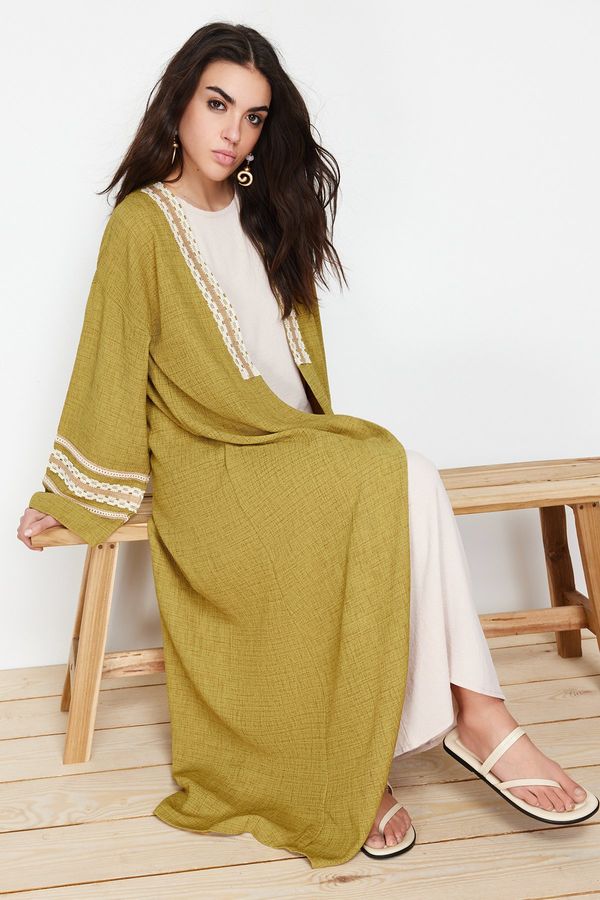 Trendyol Trendyol Oil Green Brode Detail Long Woven Kimono & Kaftan & Abaya