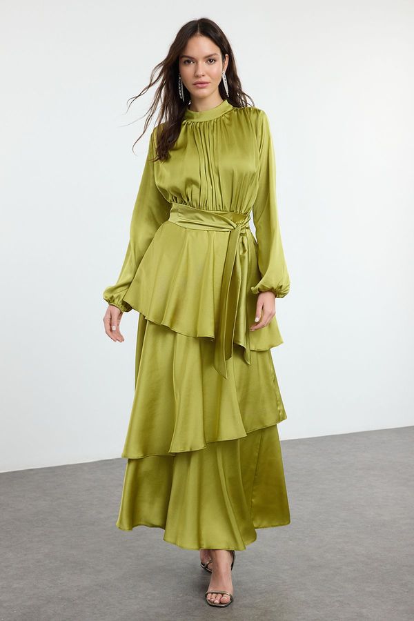 Trendyol Trendyol Oil Green Layered Satin Woven Evening Dress/Evening Gown