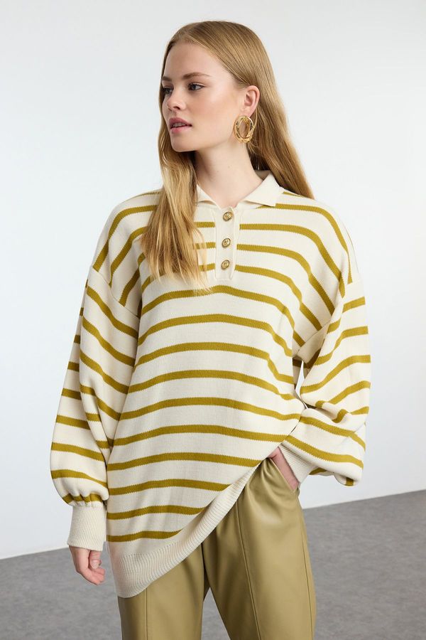 Trendyol Trendyol Oil Green Striped Balloon Sleeve Polo Neck Knitted Sweater