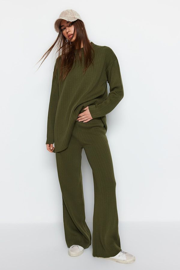 Trendyol Trendyol Oil Green, Wide fit, Basic Trousers and Knitwear Top and bottom Set