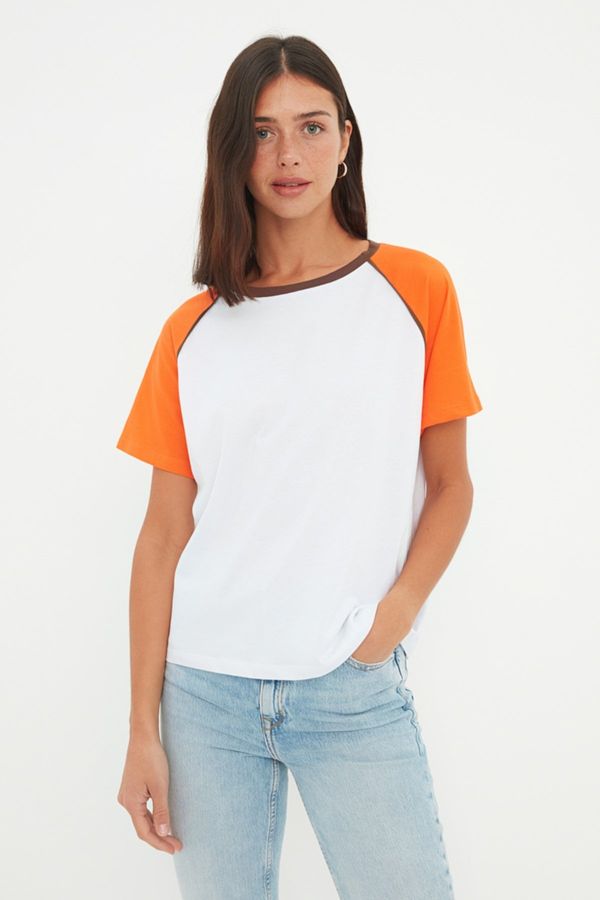Trendyol Trendyol Orange 100% Cotton Color Block Comfortable Cut, Basic Raglan Sleeve Crew Neck Knitted T-Shirt