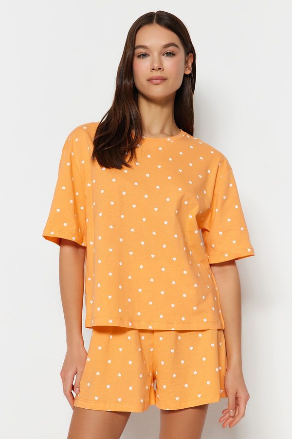 Trendyol Trendyol Orange 100% Cotton Heart Patterned T-shirt-Shorts and Knitted Pajamas Set