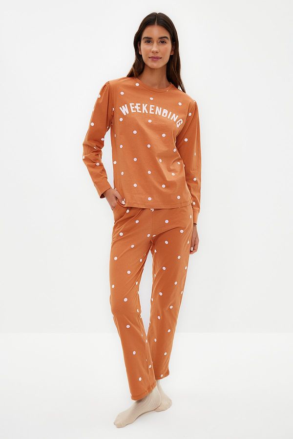 Trendyol Trendyol Orange 100% Cotton Polka Dot T-shirt-Pants Knitted Pajamas Set