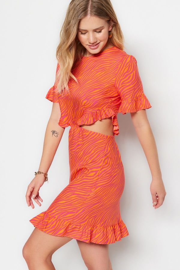 Trendyol Trendyol Orange Animal Patterned Flounce Skirt Mini Woven Dress