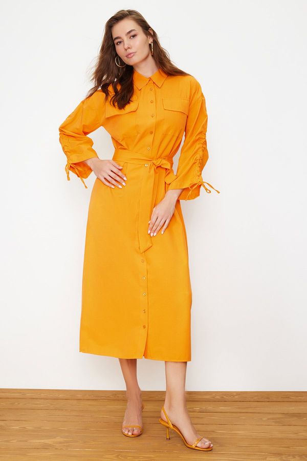 Trendyol Trendyol Orange Belted Adjustable Detailed Detailed Cotton Woven Shirt Dress