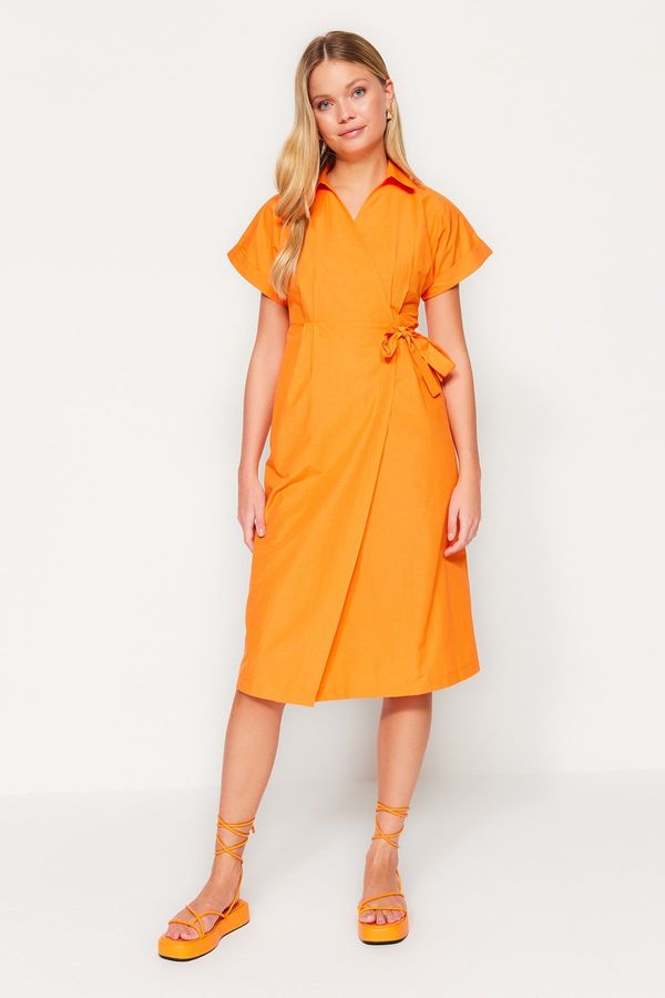 Trendyol Trendyol Orange Belted Double Breasted Midi Woven Dress
