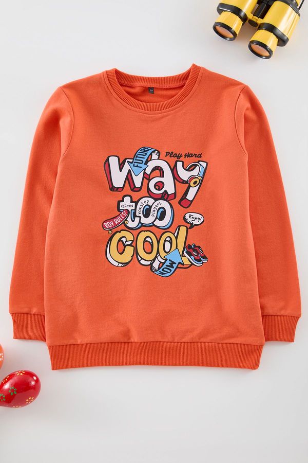 Trendyol Trendyol Orange Boy Slogan Cotton Knitted Sweatshirt