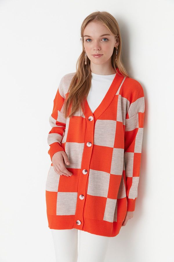 Trendyol Trendyol Orange Checkerboard Pattern Knitwear Cardigan