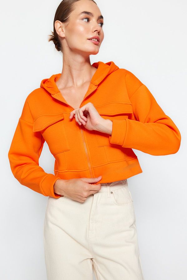 Trendyol Trendyol Orange Comfortable Cut Crop Pocket Detailed Hooded Thick Inside Fleece Knitted Sweatshirt