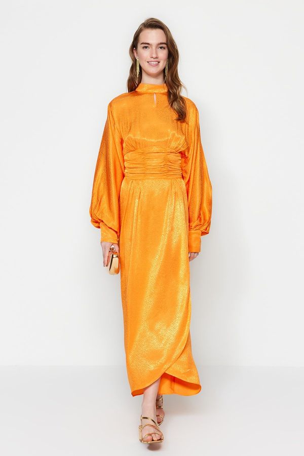 Trendyol Trendyol Orange Draped Waist Balloon Sleeve Patterned Evening Dress