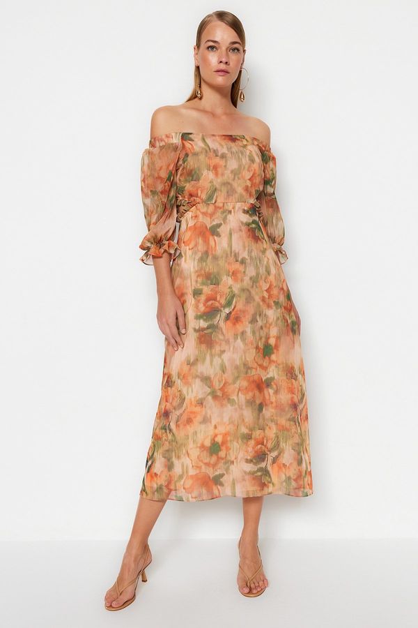 Trendyol Trendyol Orange Floral Carmen Collar A-line/Bell Form Chiffon Maxi Lined Woven Dress