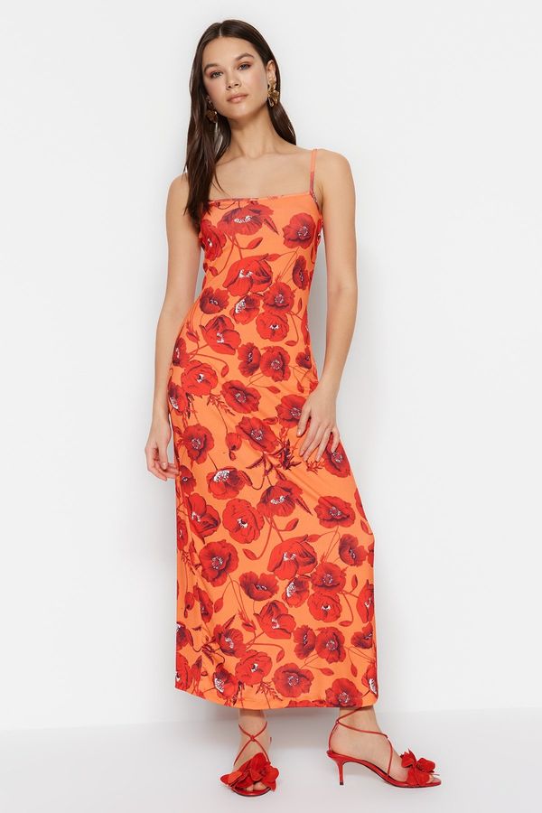 Trendyol Trendyol Orange Floral Pattern Square Collar Maxi Stretch Knitted Dress