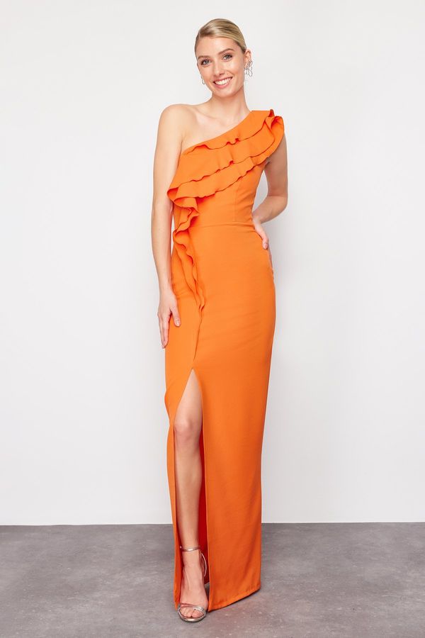 Trendyol Trendyol Orange Flounced Single Sleeve Woven Long Evening Dress