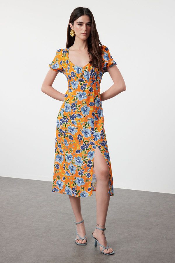 Trendyol Trendyol Orange Flower Patterned A-Line Short Sleeve Maxi Woven Dress