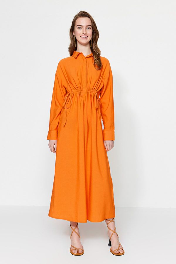 Trendyol Trendyol Orange Gathered Detail Half Pat Linen Blended Woven Dress