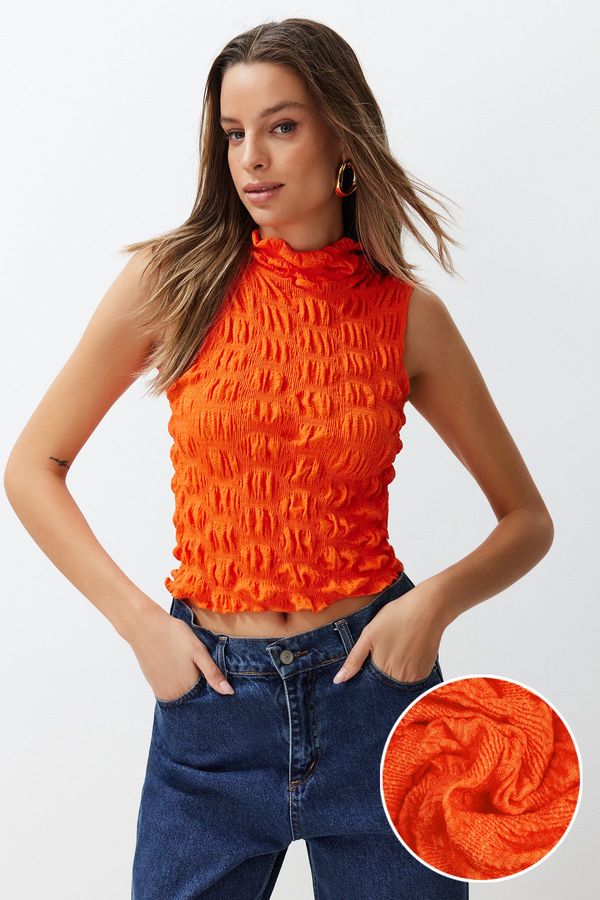 Trendyol Trendyol Orange High Neck Fitted Crop Textured Stretch Knitted Blouse