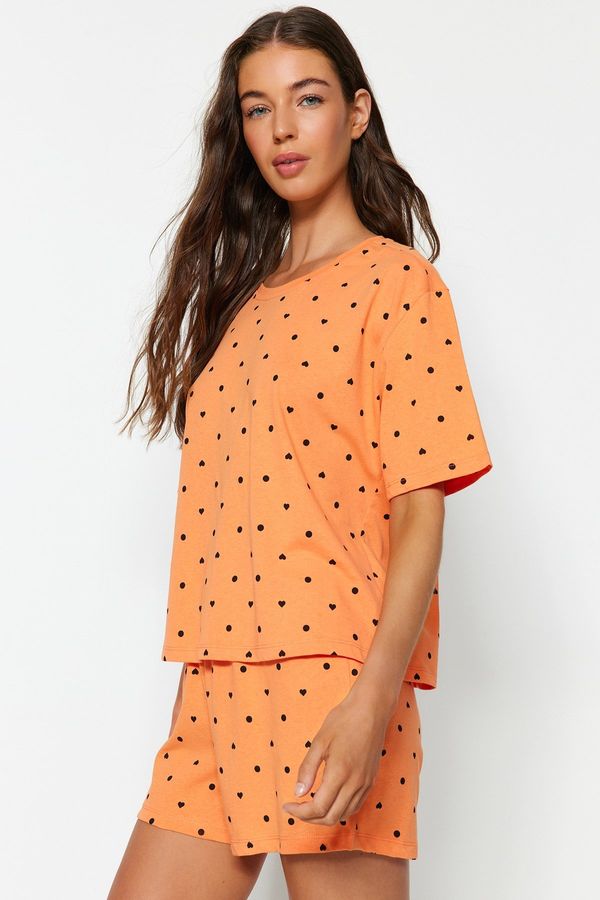 Trendyol Trendyol Orange-Multi Color 100% Cotton Heart Patterned T-shirt-Shorts Knitted Pajamas Set