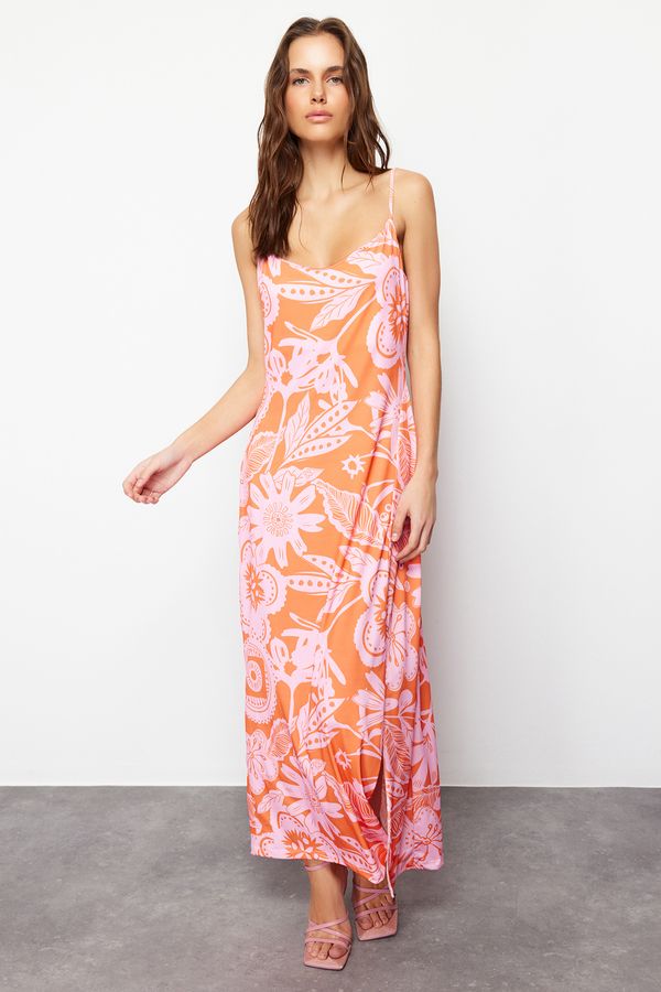 Trendyol Trendyol Orange Printed A-line/Bell Form Slit Stretchy Knitted Maxi Dress