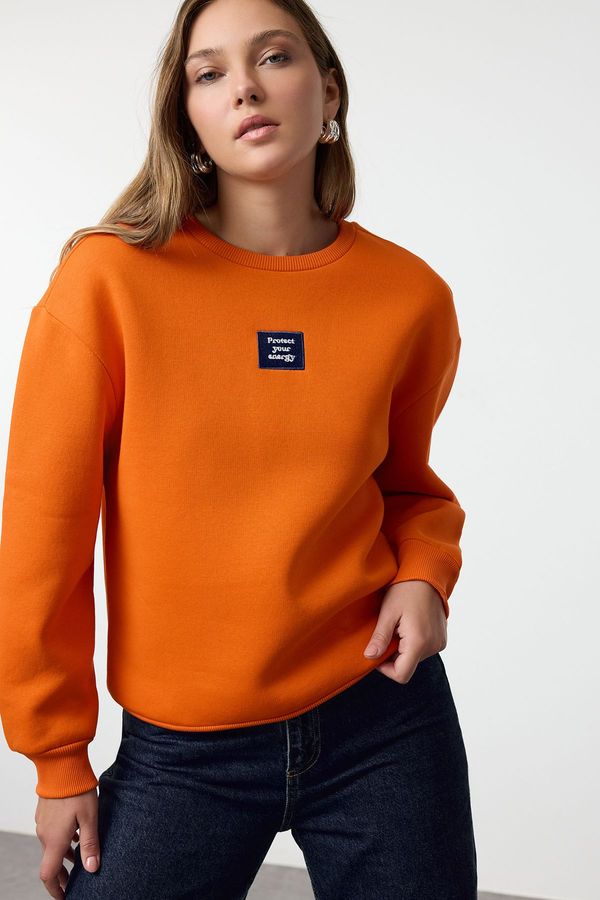 Trendyol Trendyol Orange Reaxed/Relaxed Fit Slogan Printed Thick Polar Fleece Knitted Sweatshirt