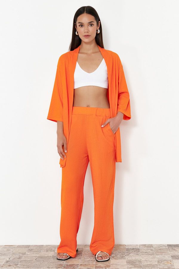 Trendyol Trendyol Orange Relaxed/Comfortable Cut Kimono Knitted Top and Bottom Set