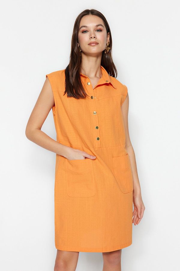 Trendyol Trendyol Orange Straight Cut Pocket Shirt Collar Mini Woven Linen Look Dress