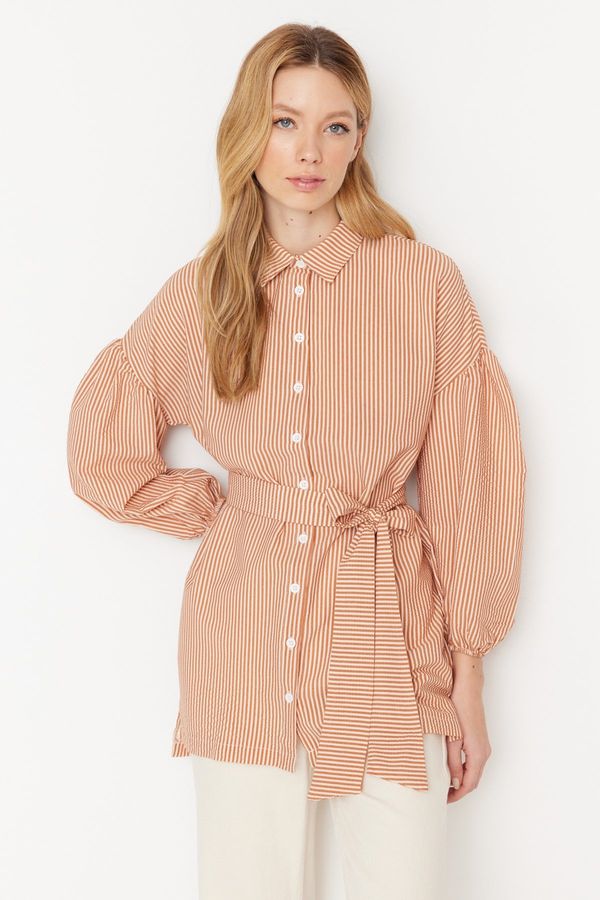 Trendyol Trendyol Orange Striped Belted Balloon Back Sleeve Long Woven Shirt