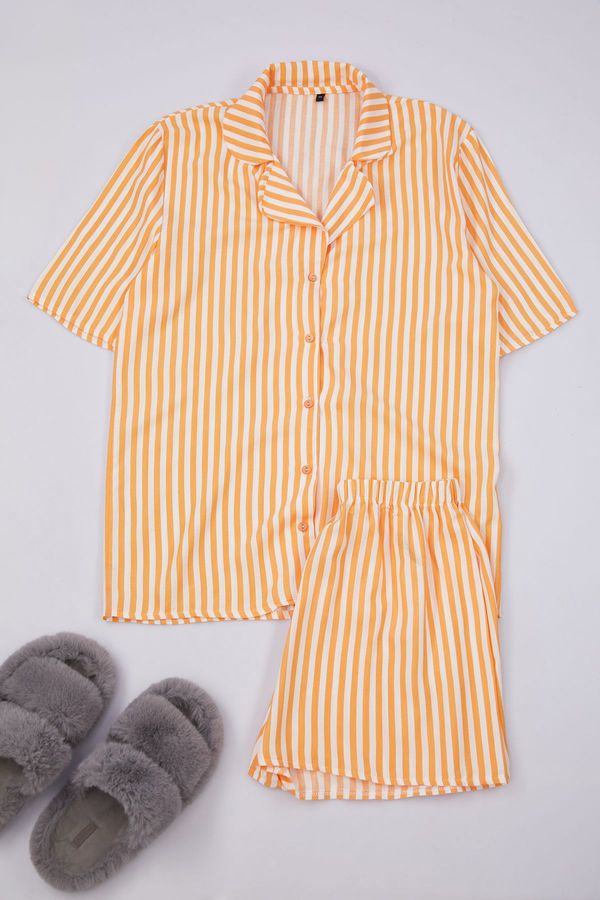 Trendyol Trendyol Orange Striped Viscose Top Wide Pattern Woven Pajama Set