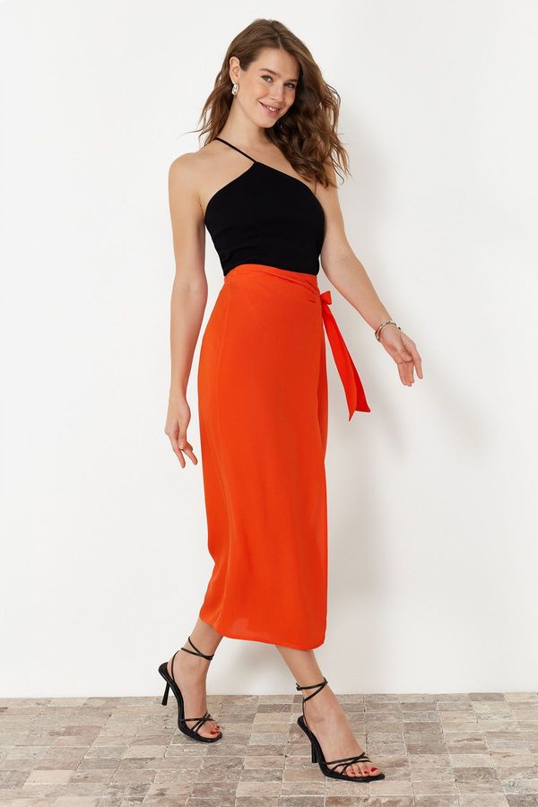 Trendyol Trendyol Orange Tied Double Breasted Closure Viscose Fabric Maxi Length Woven Skirt