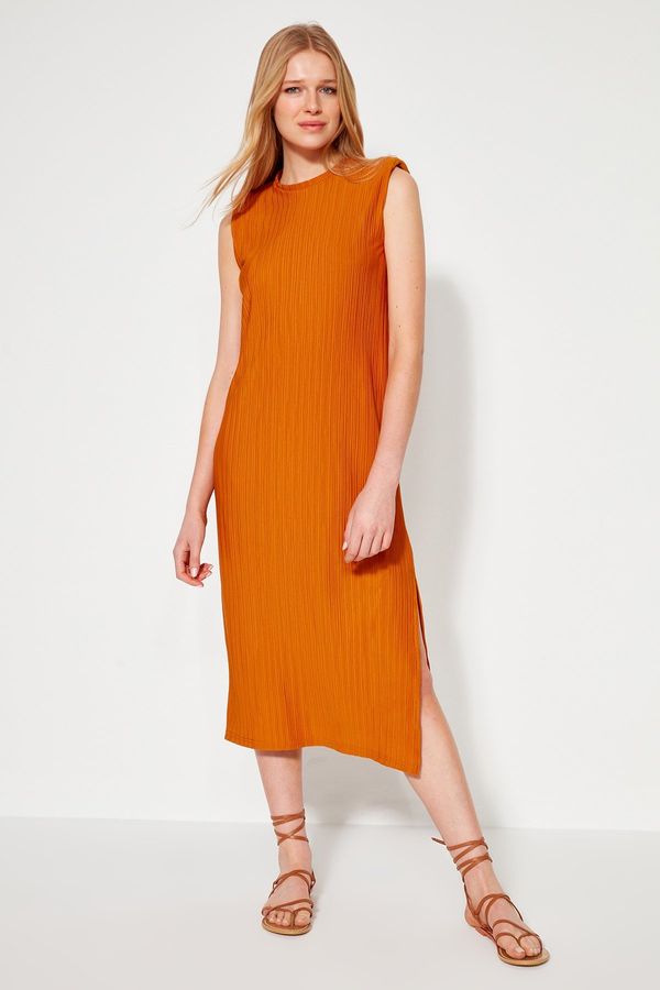 Trendyol Trendyol Orange Wadding Shift/Plain Pleated Midi Knitted Dress