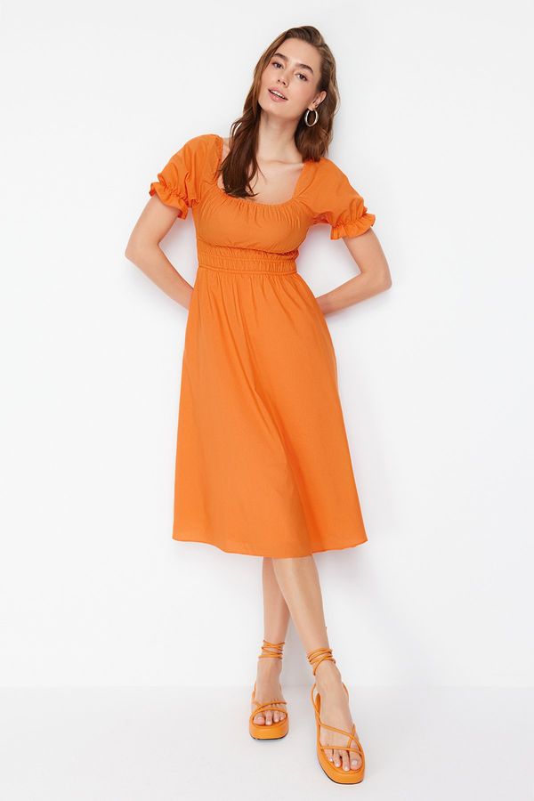 Trendyol Trendyol Orange Waist Balloon Sleeve Midi Woven Dress