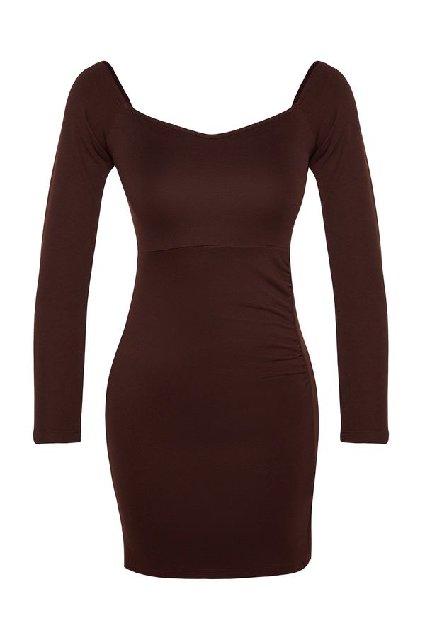 Trendyol Trendyol Ottoman Brown Shirring Detailed Fitted Mini, Stretchy Knit Dress with Slit