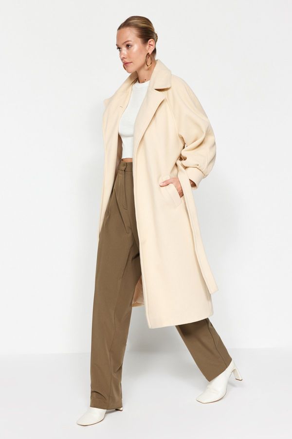 Trendyol Trendyol Oversized Ecru Oversized Wide-Cut Belted Balloon Sleeve Detail Long Stamped Coat