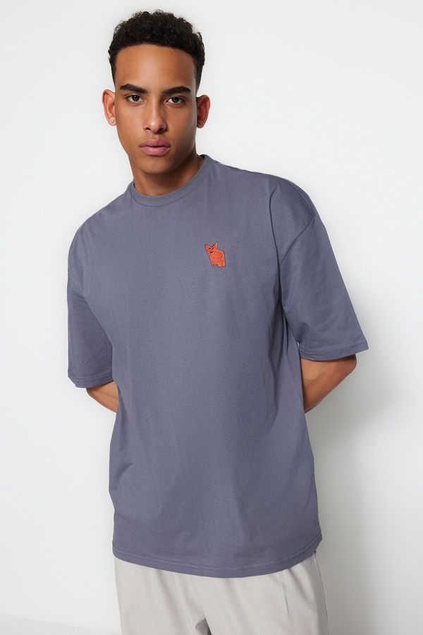 Trendyol Trendyol Oversize/Wide-Fit Crew Neck Short Sleeve Fox Embroidered 1 Cotton T-Shirt