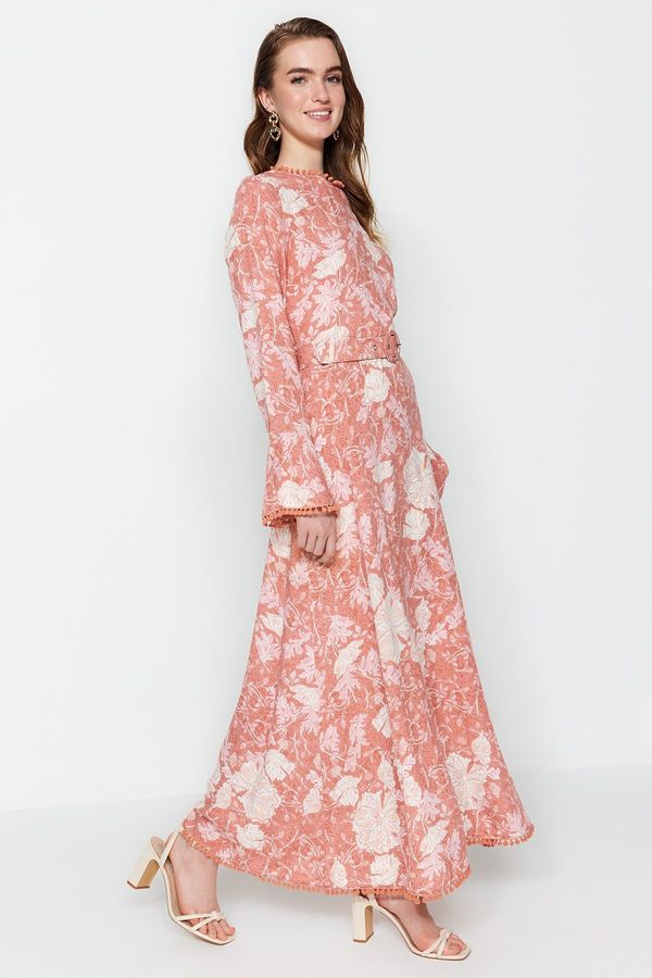 Trendyol Trendyol Pale Pink Flower Patterned Woven Belt Dress