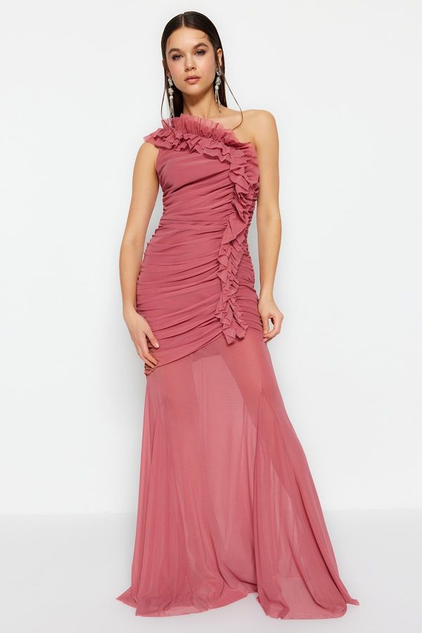 Trendyol Trendyol Pale Pink Lined Flounce Tulle Long Evening Evening Dress