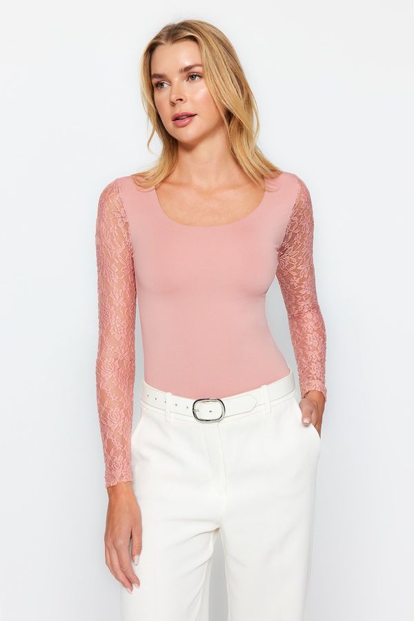 Trendyol Trendyol Pale Pink Square Neck Lace Sleeve Knitted Bodysuit