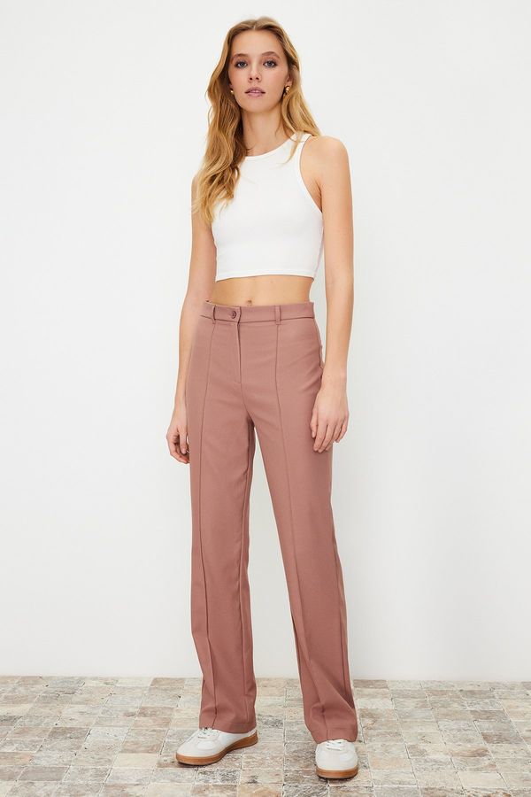 Trendyol Trendyol Pale Pink Straight/Straight Fit High Waist Ribbed Stitched Woven Trousers