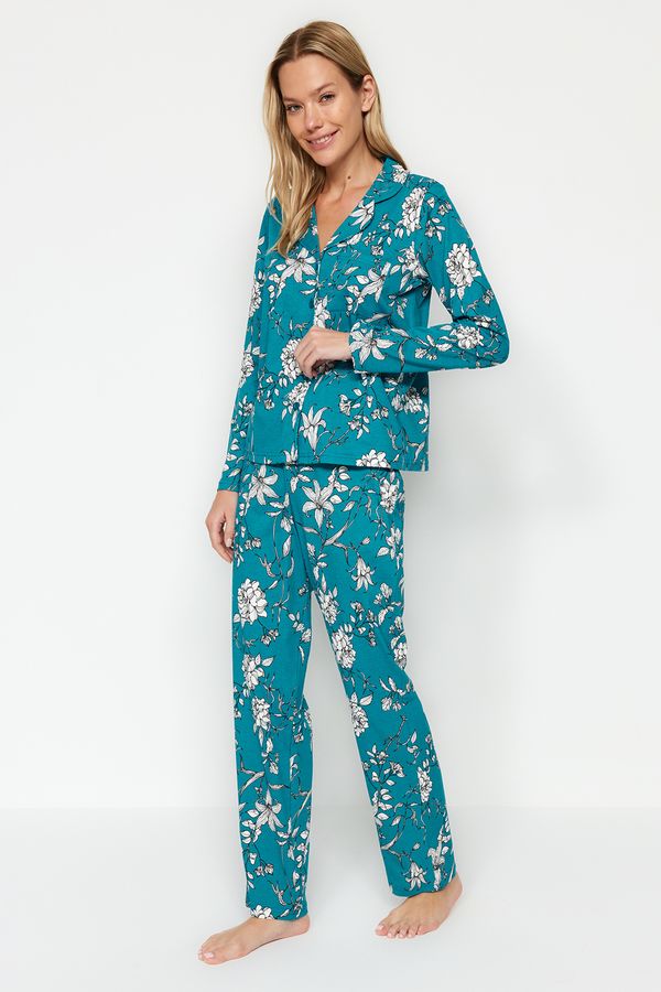 Trendyol Trendyol Petrol 100% Cotton Floral Pattern Shirt-Pants and Knitted Pajamas Set