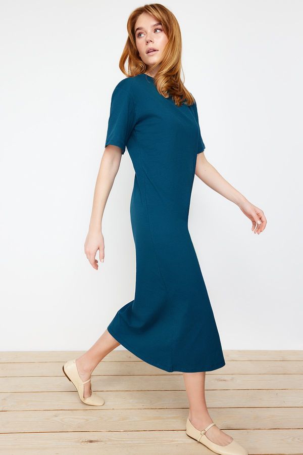 Trendyol Trendyol Petrol 100% Cotton Slit Detailed Shift/Comfortable Cut Mid Knitted Midi Dress