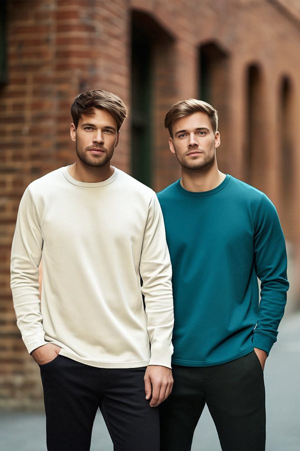 Trendyol Trendyol Petrol-Ecru 2-Pack 100% Long Sleeve Regular/Normal Cut T-Shirt