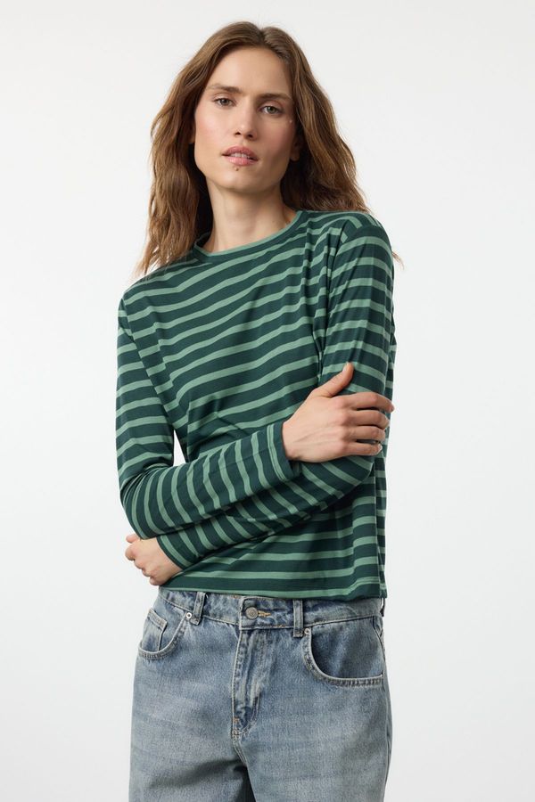 Trendyol Trendyol Petrol-Mint Striped Regular/Normal Pattern Basic Crew Neck Knitted T-Shirt