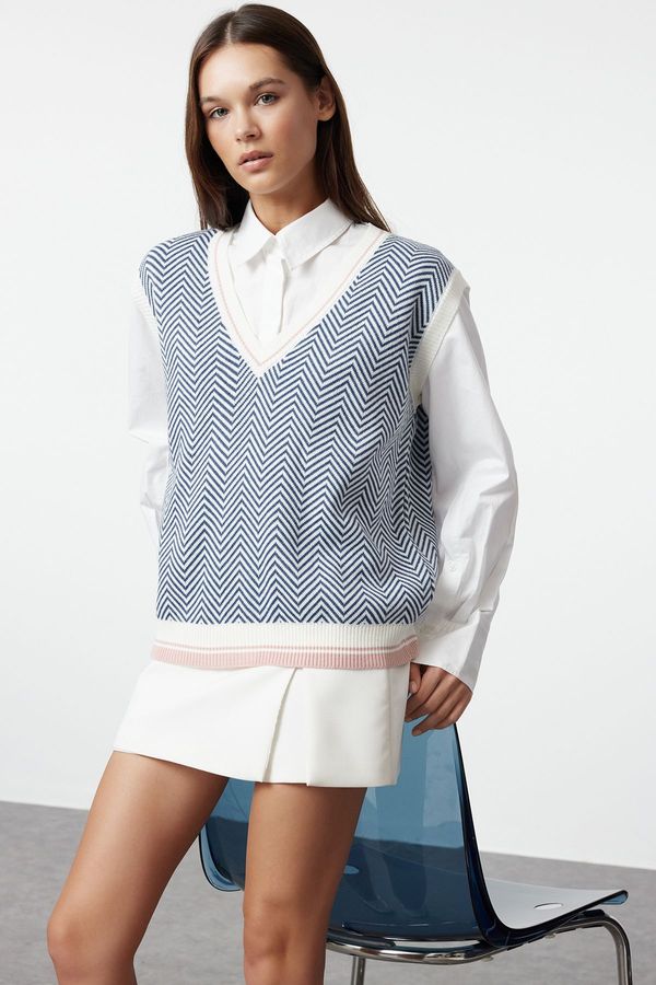 Trendyol Trendyol Petrol V-Neck Geometric Patterned Knitwear Sweater